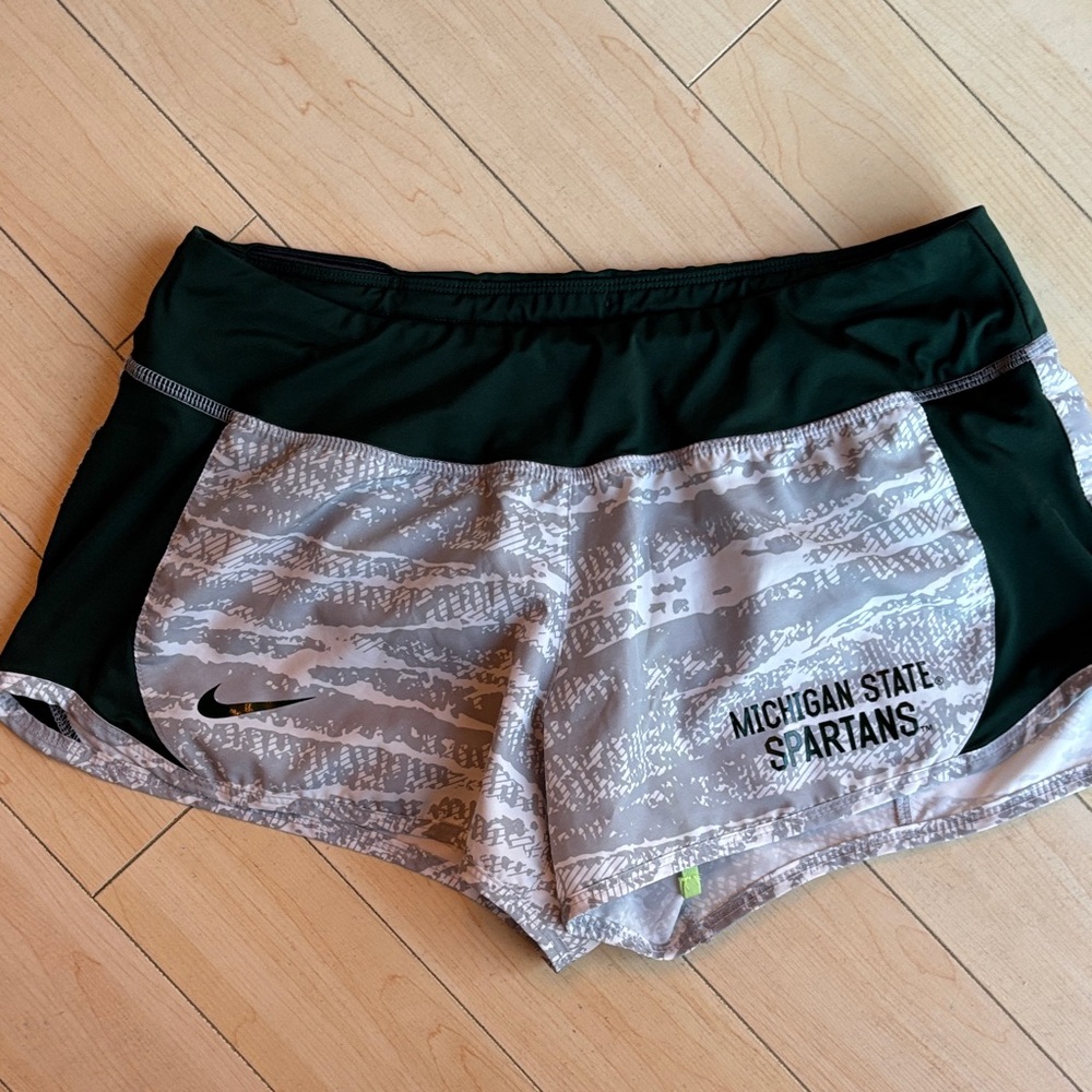 Nike Women's Medium Dri Fit Gray and Dark Green Athletic Running Shorts